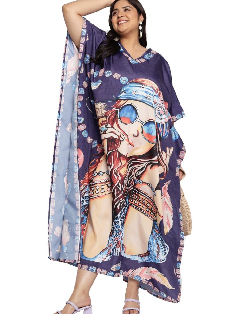 Plus Size Purple Lady Print Kaftan Dress Boho Resort Beach Cover Up - Picture 3 of 7